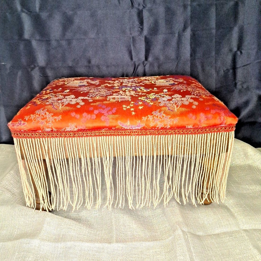 VTG Japanese Baroque‎ Red Long Fringe Upholstered Wood Footstool 14.5x10.5x8.5"